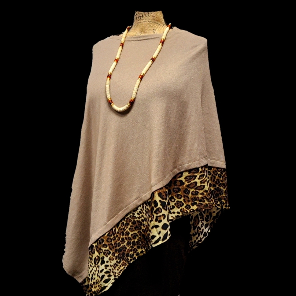 Animal Print Trimmed Poncho by Styline